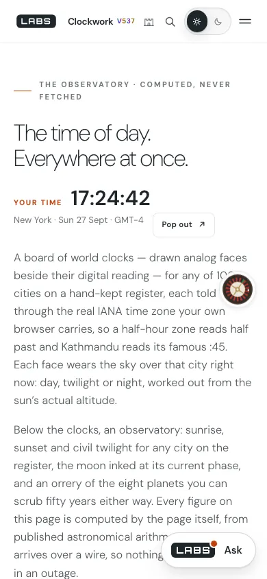 The Clockwork page at phone width: the headline, the live ‘your time’ reading for New York and the introduction in one column.