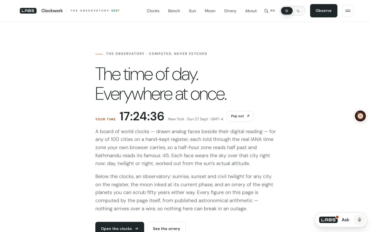 The Clockwork page on labs.llc: the headline ‘The time of day. Everywhere at once.’, a live ‘your time’ reading for New York with a Pop out button, and an introduction to the clocks and the observatory.