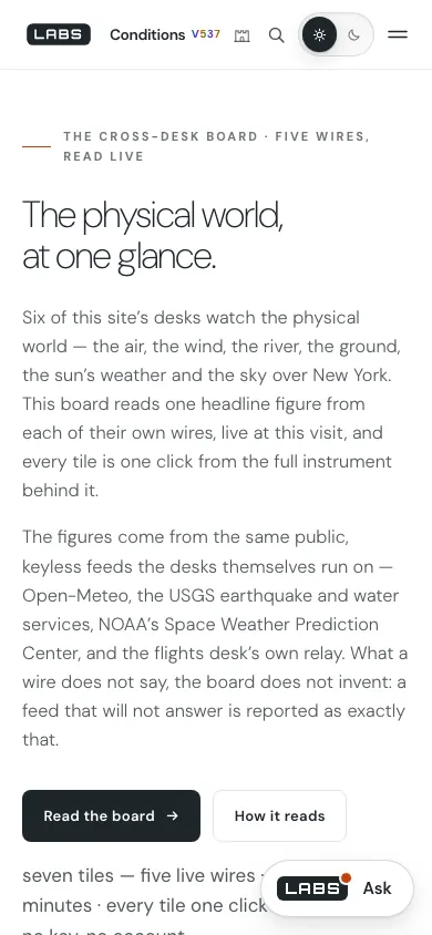 The Conditions page at phone width: the same headline and introduction stacked in one column, with the LABS Ask button at the bottom.