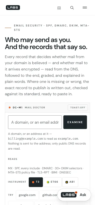The email page at phone width: the headline and introduction in one column, then the domain input beside its Examine button, with suggested domains below.