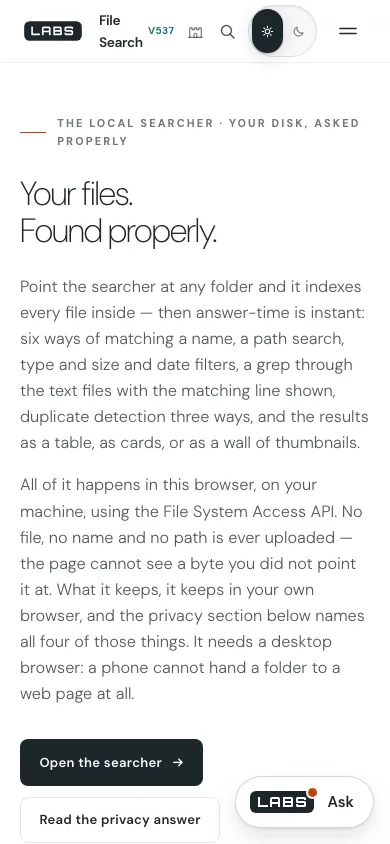 The File Search page at phone width: the headline and the introduction to the local searcher in one column.
