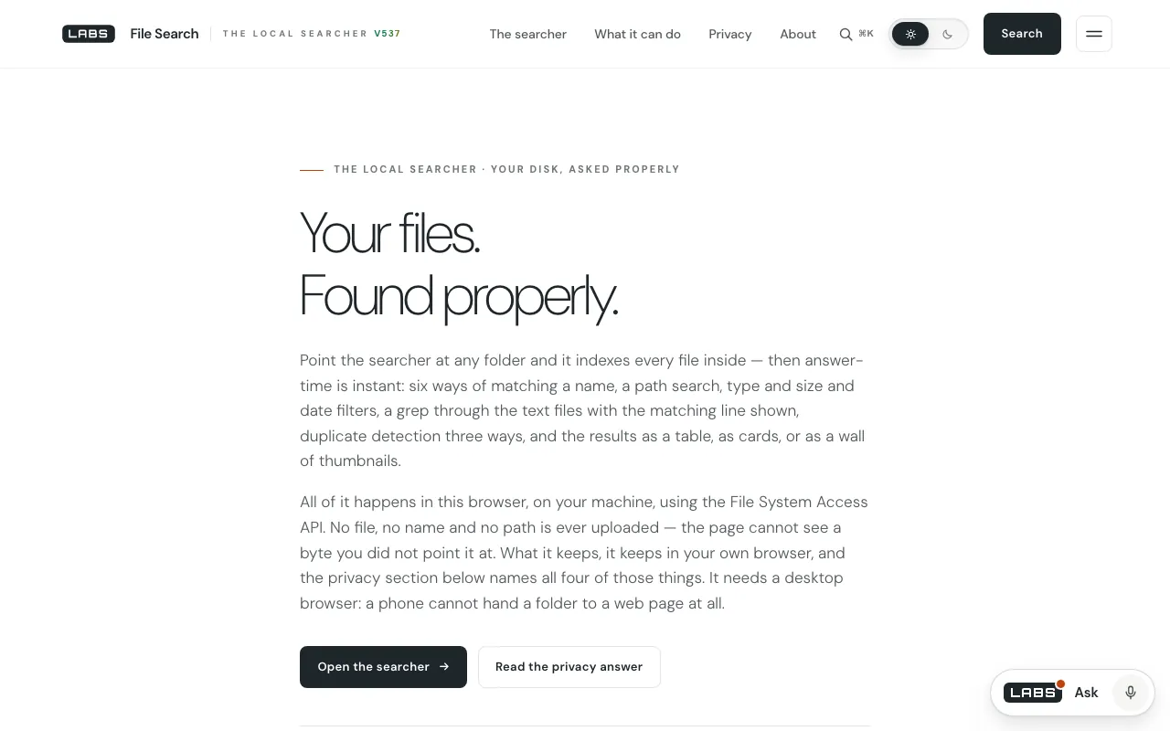 The File Search page on labs.llc: the headline ‘Your files. Found properly.’, an introduction to the local searcher, and the buttons ‘Open the searcher’ and ‘Read the privacy answer’.