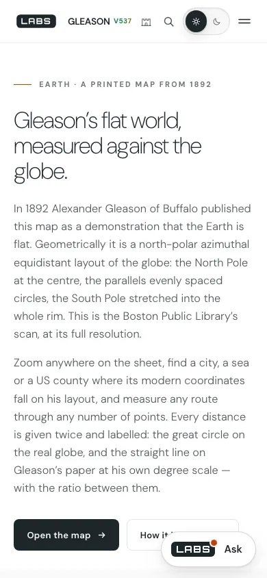 The Gleason page at phone width: the headline and the introduction to the 1892 map in one column.