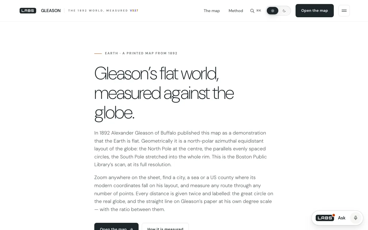 The Gleason page on labs.llc: the headline ‘Gleason’s flat world, measured against the globe.’ and an introduction to the 1892 map and its two distance measures.