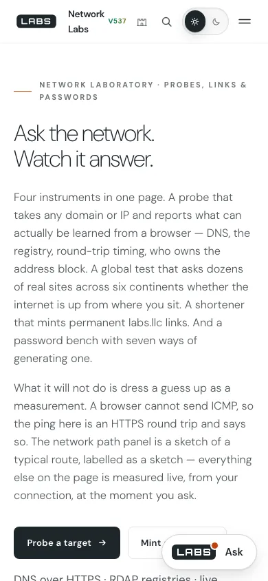 The Network Labs page at phone width: the headline and the introduction to its four instruments in one column.