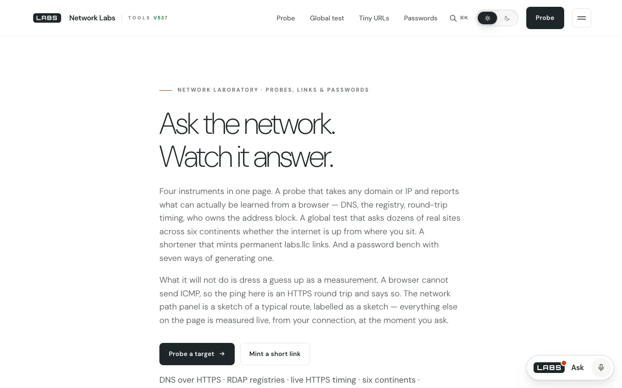 The Network Labs page on labs.llc: the headline ‘Ask the network. Watch it answer.’, an introduction to its four instruments, and the buttons ‘Probe a target’ and ‘Mint a short link’.