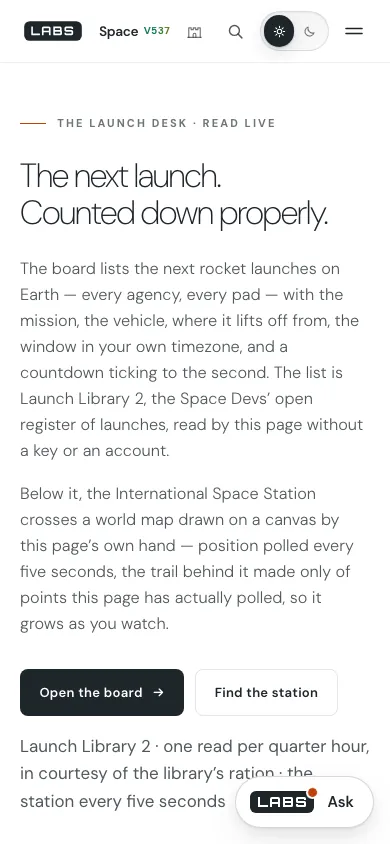 The Space page at phone width: the headline and the introduction to the launch board in one column, with the LABS Ask button at the bottom.