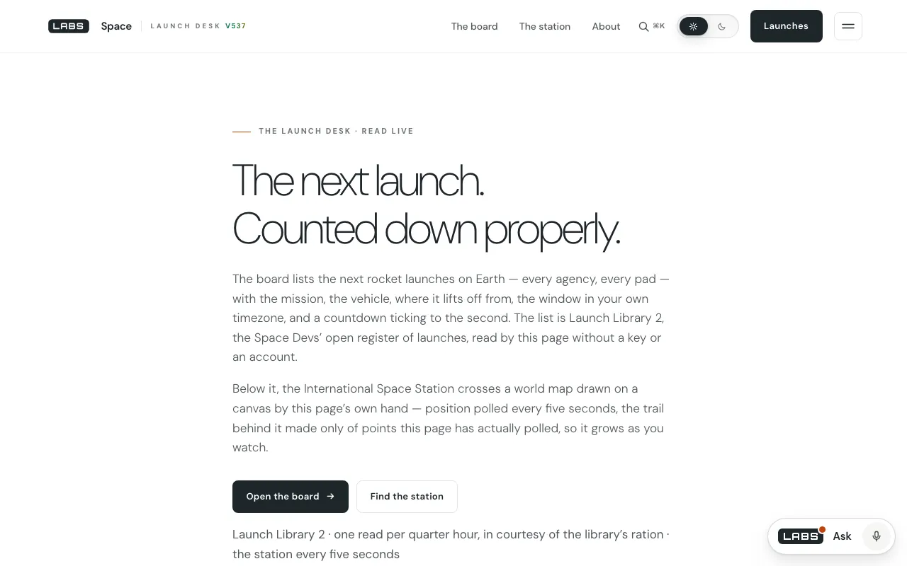 The Space page on labs.llc: the headline ‘The next launch. Counted down properly.’, an introduction to the launch board and the ISS map, and the buttons ‘Open the board’ and ‘Find the station’.