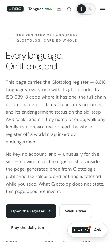 The Tongues page at phone width: the headline and the introduction to the register in one column, with the first buttons below.