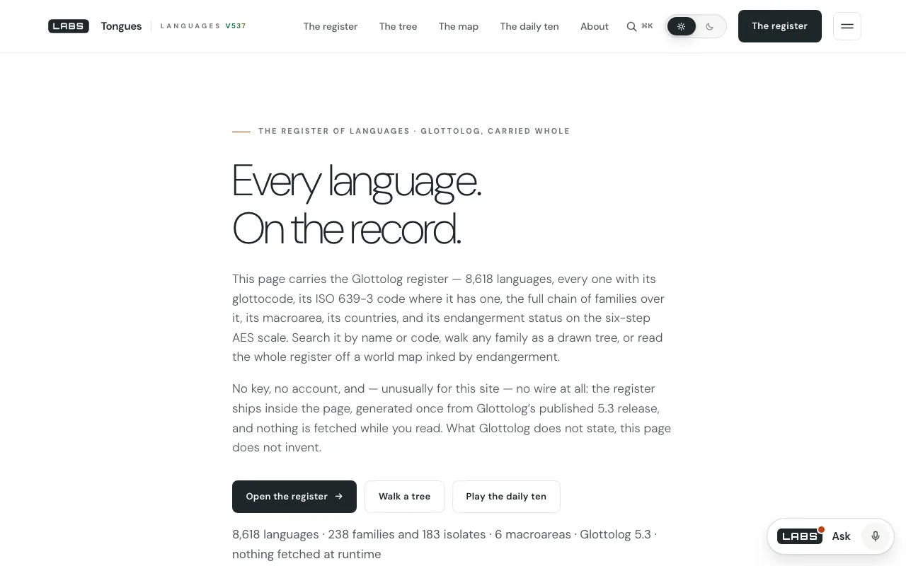 The Tongues page on labs.llc: the headline ‘Every language. On the record.’, an introduction to the Glottolog register, the buttons ‘Open the register’, ‘Walk a tree’ and ‘Play the daily ten’, and a strap reading ‘8,618 languages · 238 families and 183 isolates’.