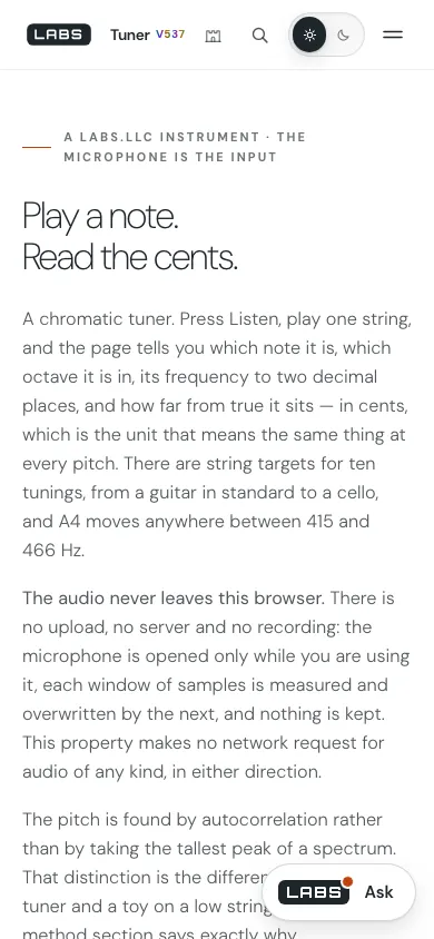 The Tuner page at phone width: the headline and the introduction in one column, including the paragraph saying the audio never leaves the browser.