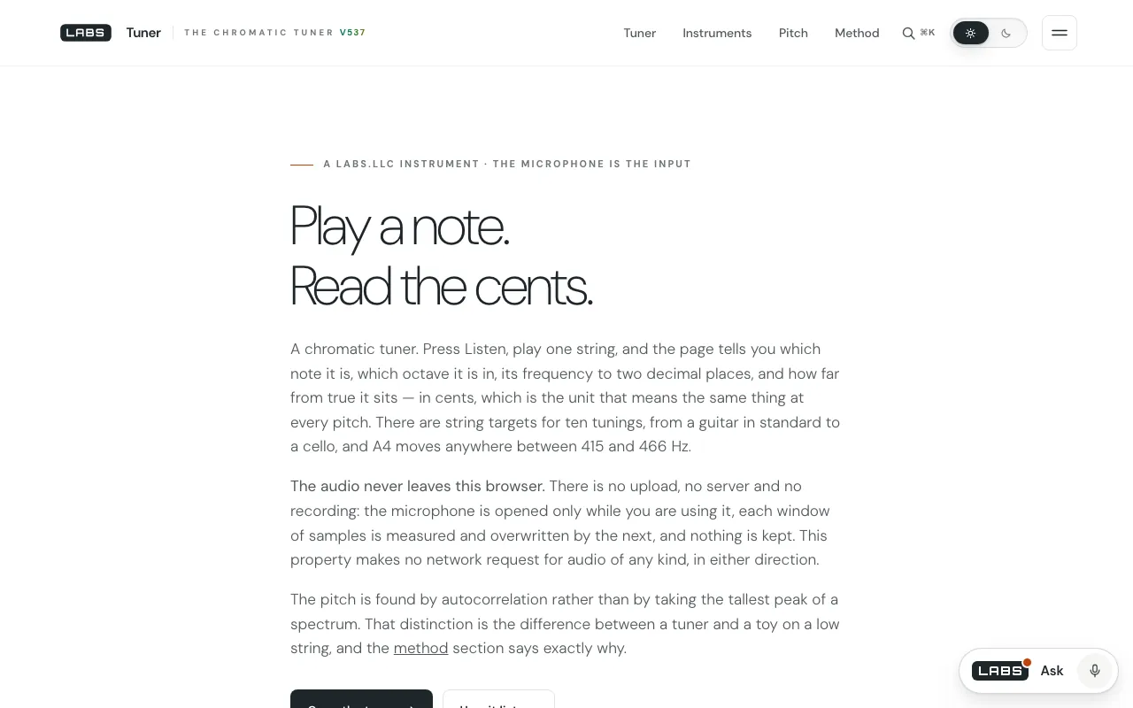 The Tuner page on labs.llc: the headline ‘Play a note. Read the cents.’ and an introduction explaining that the audio never leaves the browser and that pitch is found by autocorrelation.
